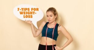 A graphic displaying 7 tips for weight-loss with icons representing healthy habits like eating nutritious food, exercising, and staying motivated.