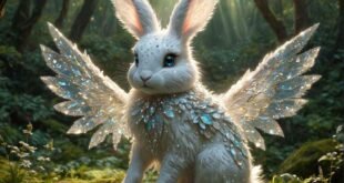 Diamondfairybunnyna mystical creature with iridescent fur and semi-transparent wings, standing in an enchanted forest.