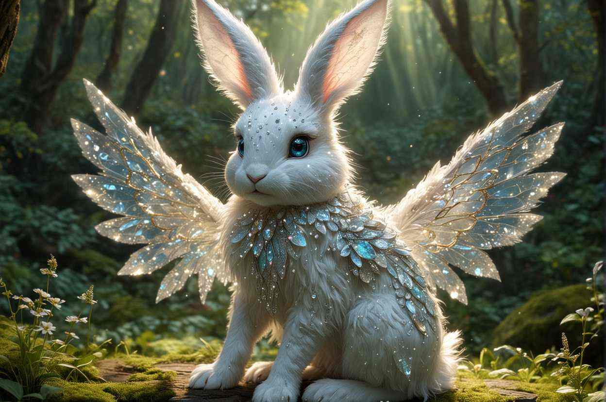 Diamondfairybunnyna mystical creature with iridescent fur and semi-transparent wings, standing in an enchanted forest.