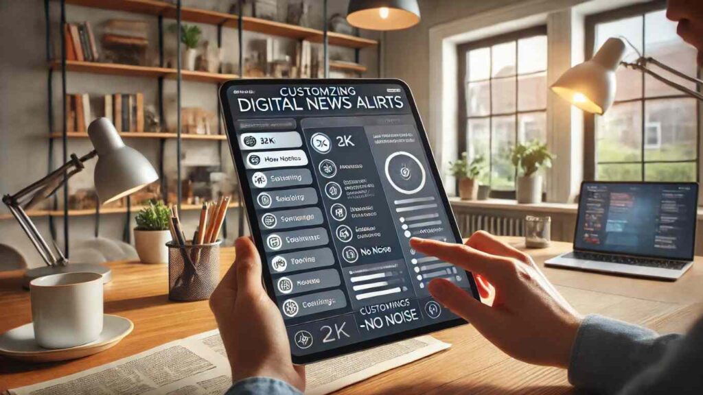 Person customizing digital news alerts on a tablet in a home office.