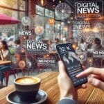 Person receiving digital news alerts on smartphone in a coffee shop.