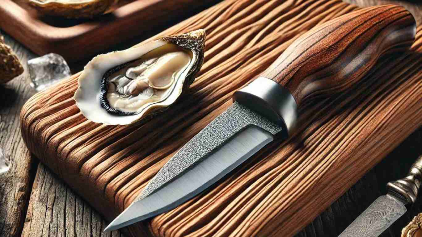 Seafood Utensils: Various tools for seafood preparation on a wooden table.