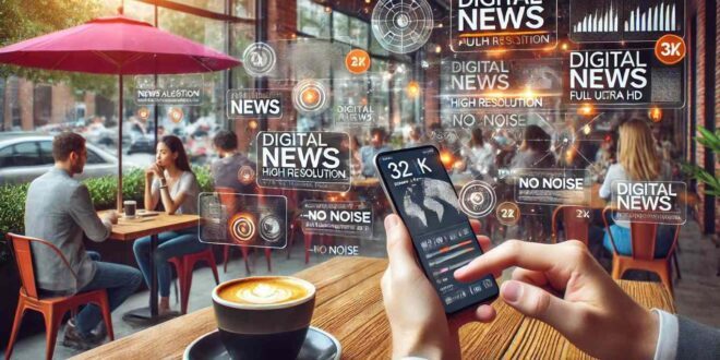 Person receiving digital news alerts on smartphone in a coffee shop.