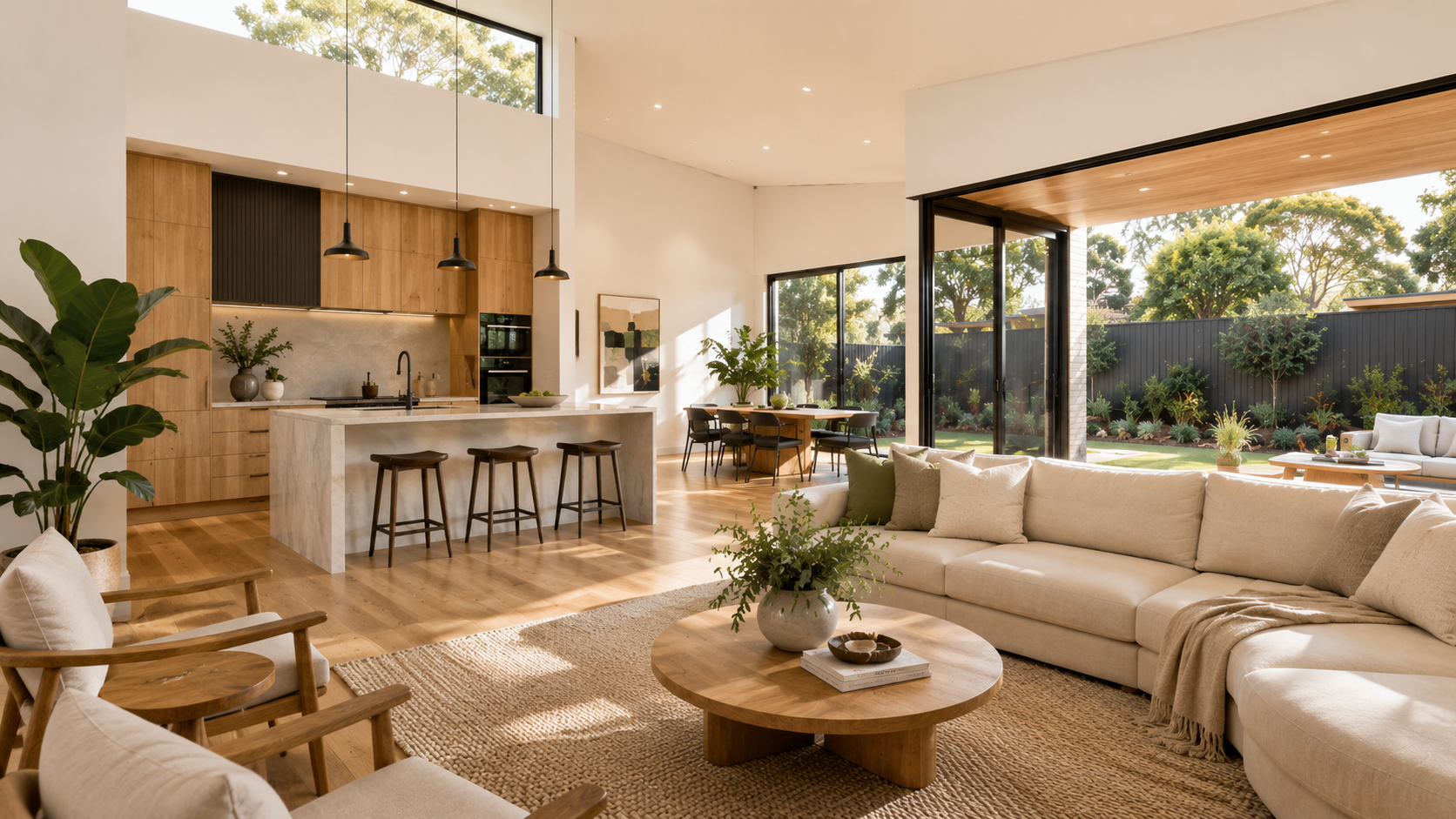 3D rendered open-plan living room created with free 3D home design software