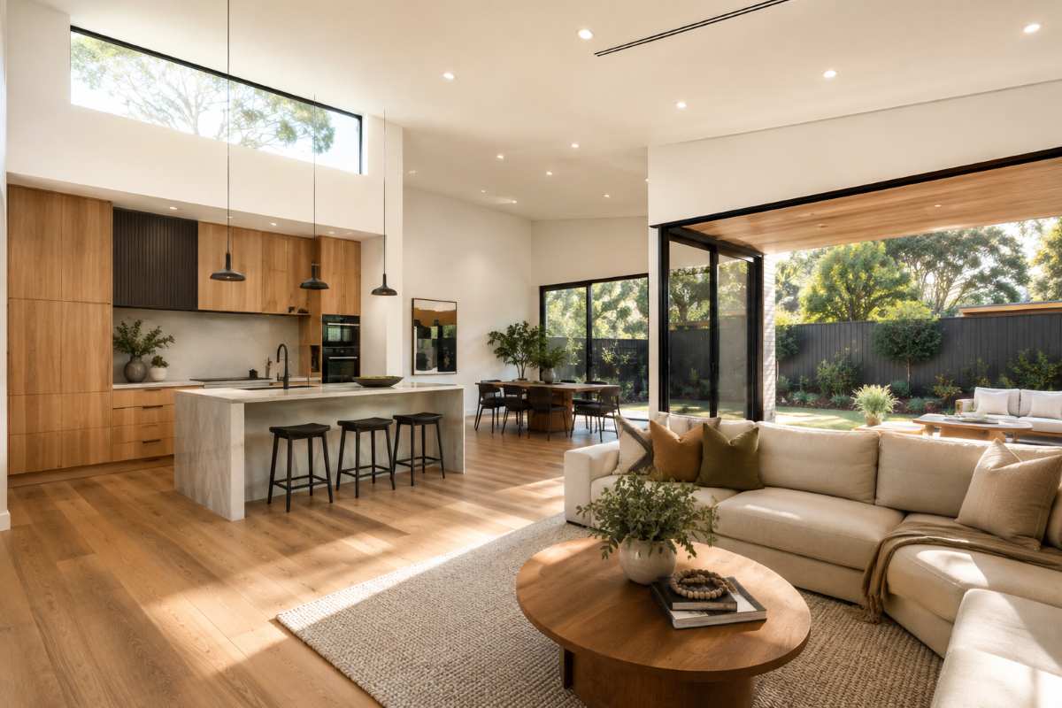Open-plan interior in a custom-built Melbourne home