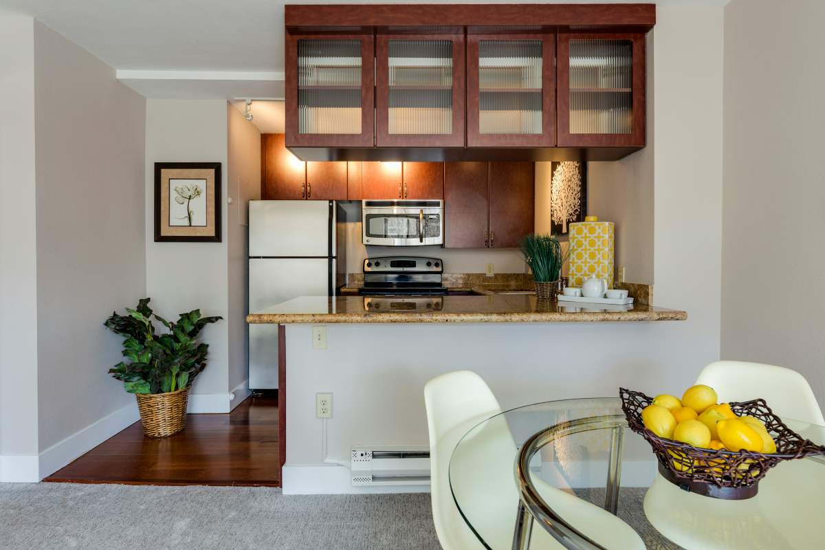 Small kitchen dining room combo layout with space-saving furniture