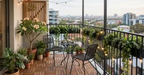 Small apartment balcony with deck tiles, bistro set and potted plants