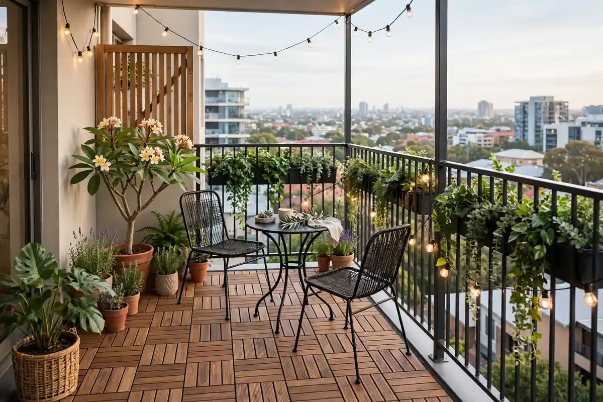 Small apartment balcony with deck tiles, bistro set and potted plants