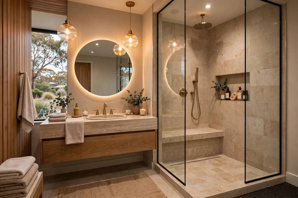 Luxurious renovated Australian bathroom with walk-in glass shower