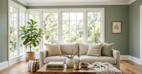Living room painted in Benjamin Moore Webster Green, 2027 Colour of the Year