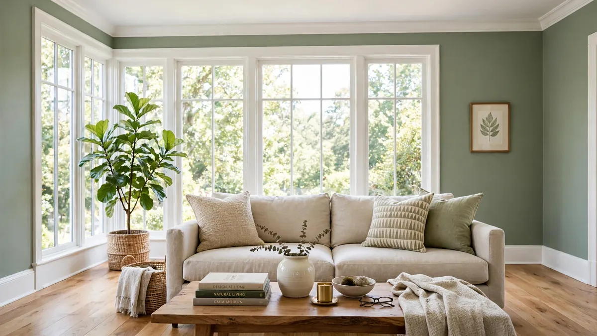 Living room painted in Benjamin Moore Webster Green, 2027 Colour of the Year