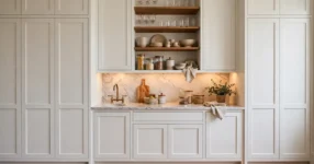 Modern butlers pantry with white shaker cabinetry, marble benchtop and brass tap