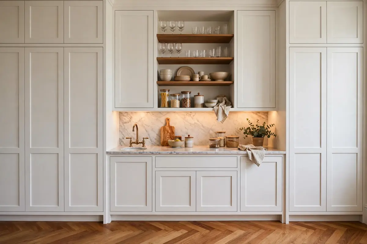 Modern butlers pantry with white shaker cabinetry, marble benchtop and brass tap
