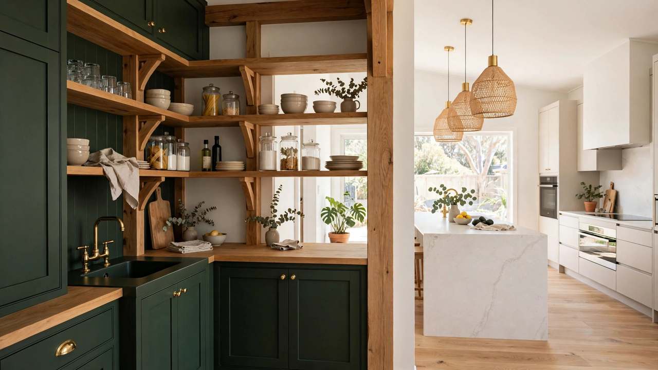 Butler's pantry with dark green cabinetry and brass tap flowing from a light kitchen