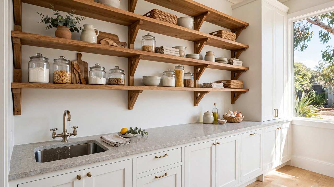 Butler's pantry with open shelving and stone benchtop in an Australian home