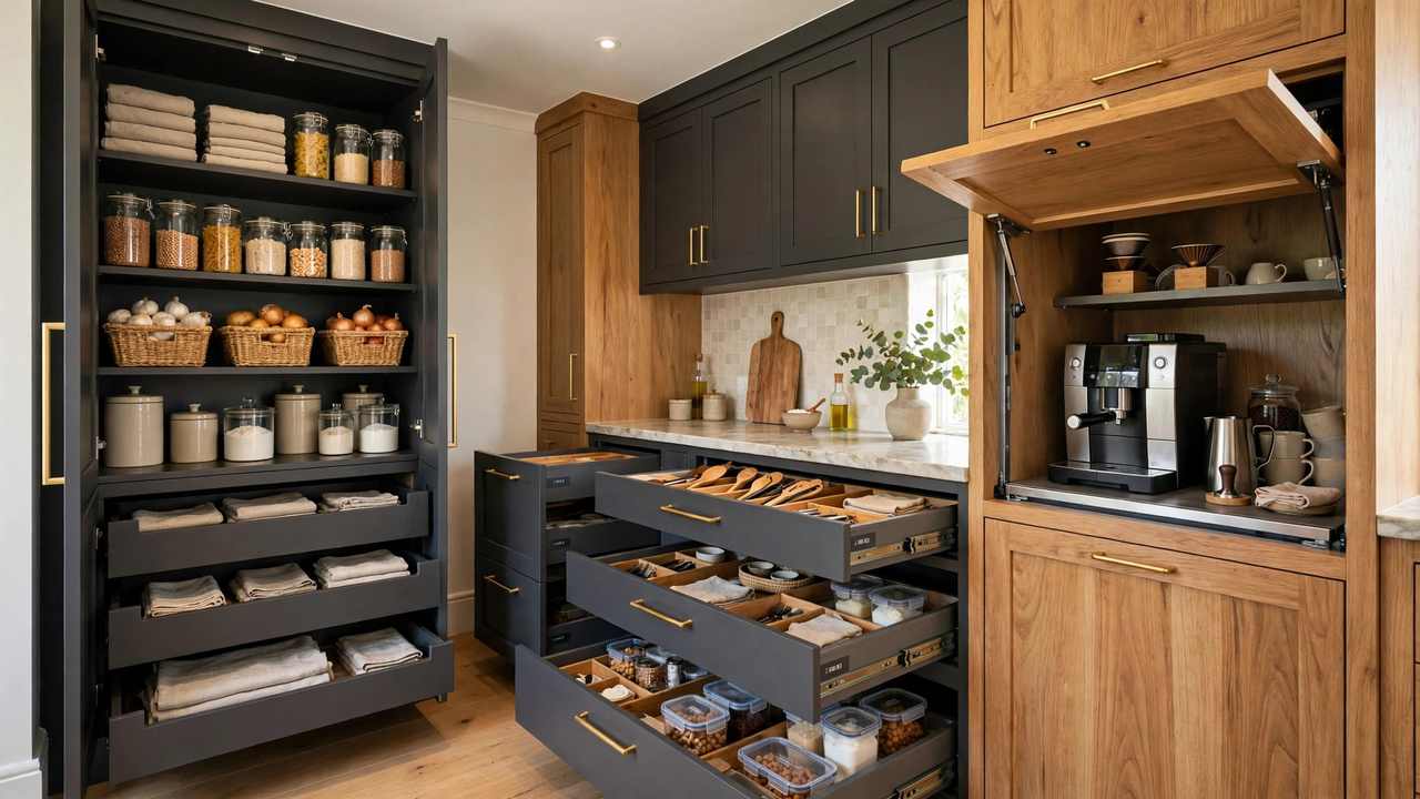 Butler's pantry storage with pull-out drawers, tall larder and appliance garage