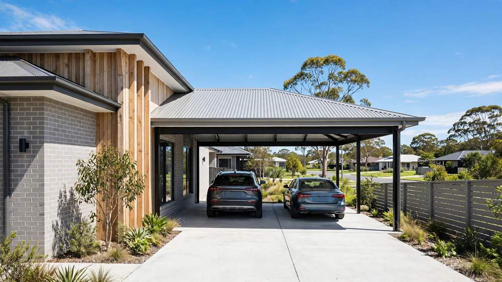 Modern double carport with light grey Colorbond steel skillion roof attached to a suburban Australian home, two cars parked underneath