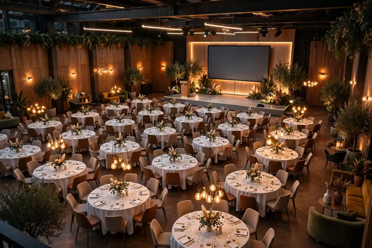 Elegant event venue with banquet tables and stage, illustrating the Cataz event planning platform