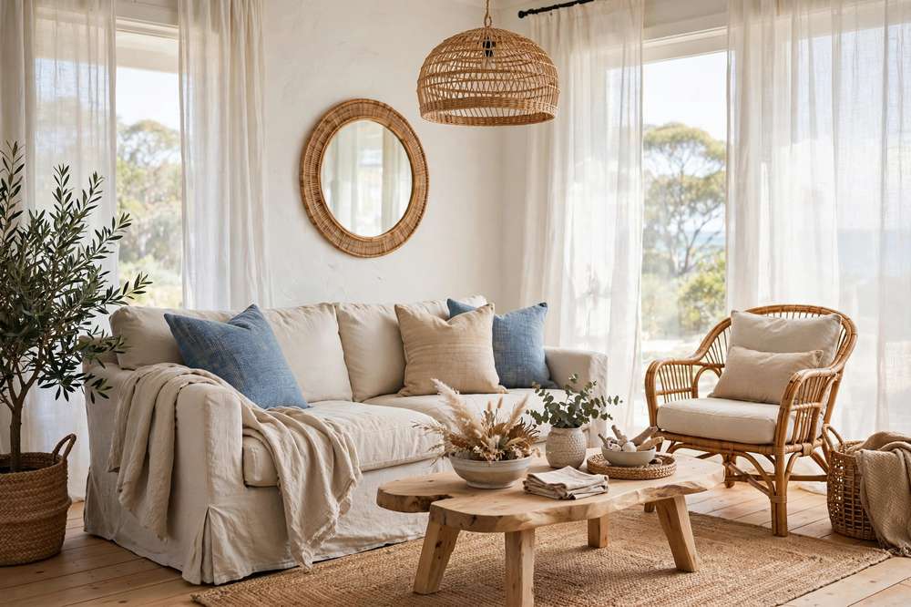 Coastal style living room with linen slipcovered sofa, rattan armchair and jute rug