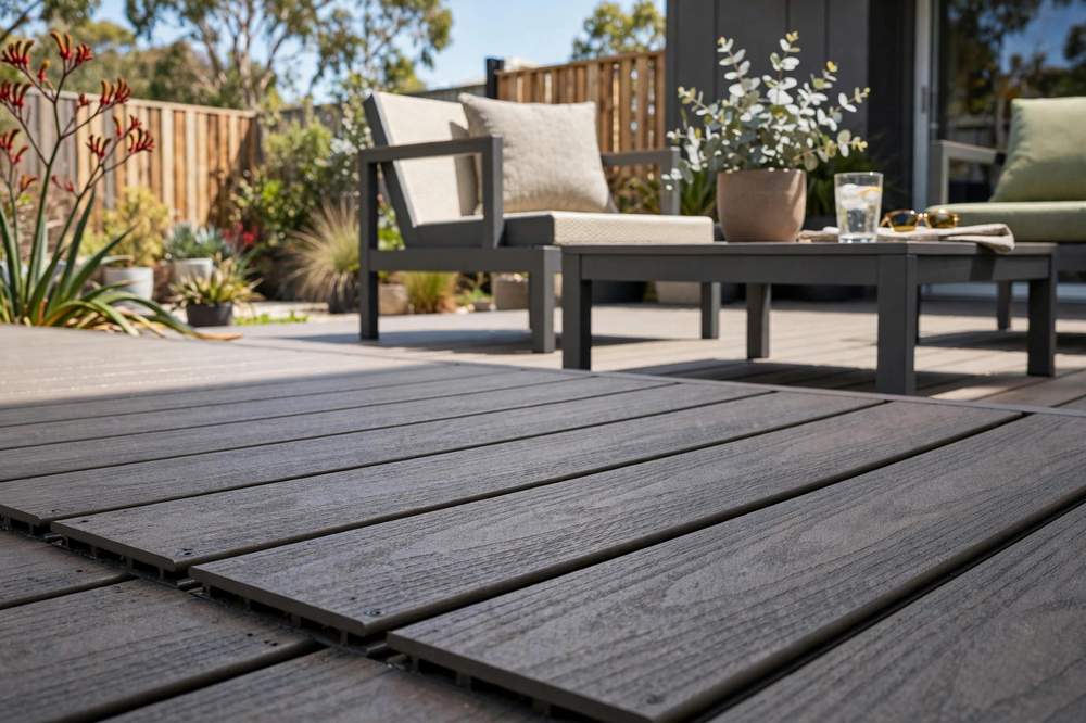 Modern composite decking boards on Australian backyard deck with outdoor furniture