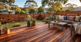 Merbau hardwood timber deck with outdoor furniture in an Australian backyard