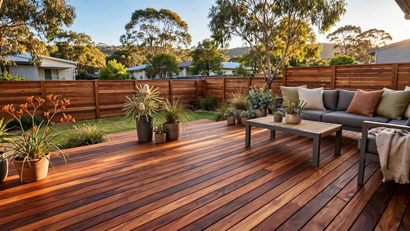 Merbau hardwood timber deck with outdoor furniture in an Australian backyard