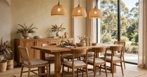 Elegant Australian dining room with solid timber table, pendant lighting and sideboard