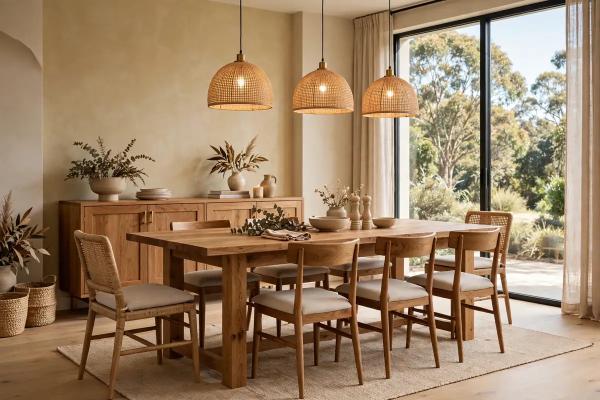 Elegant Australian dining room with solid timber table, pendant lighting and sideboard