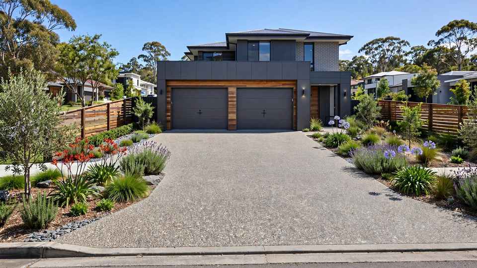 Modern exposed aggregate concrete driveway leading to a double garage in Australia