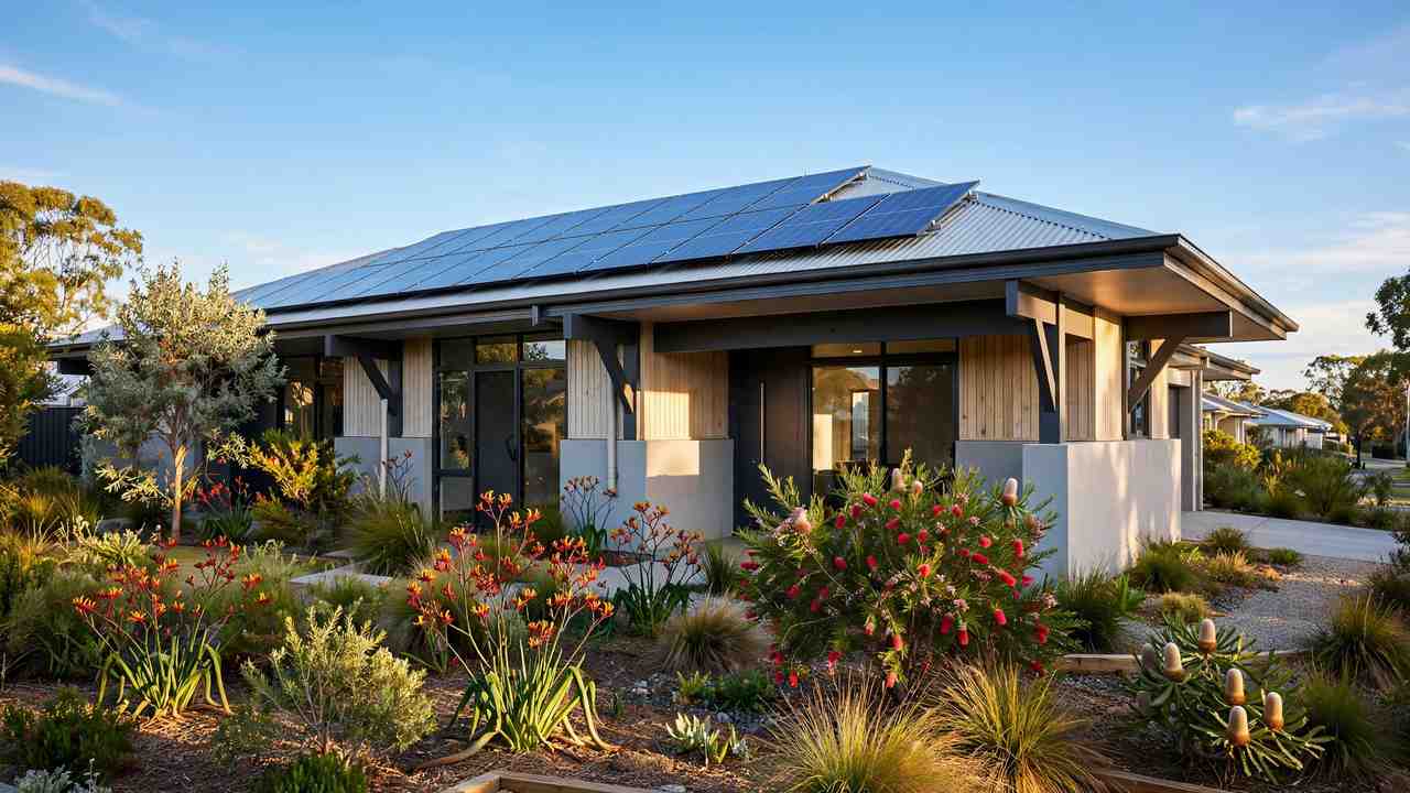 Modern Australian house with rooftop solar panels surrounded by landscaped gardens