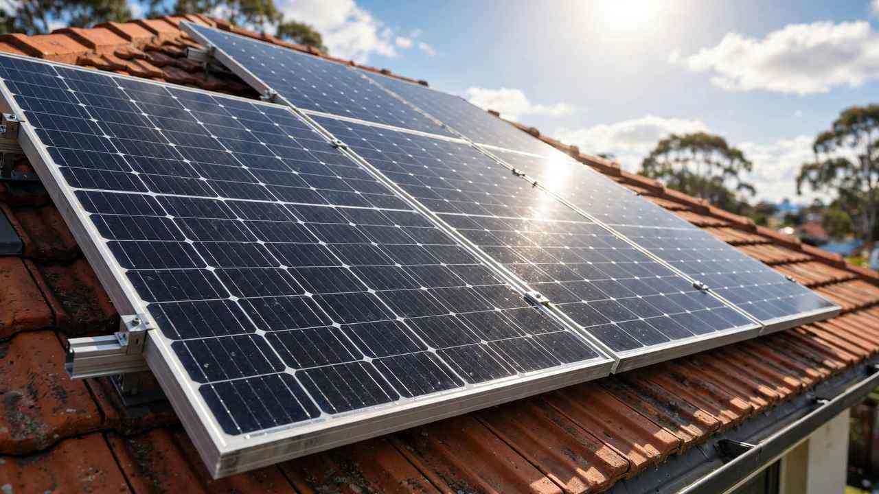 Close-up of rooftop solar panels tilted toward the sun on an Australian home
