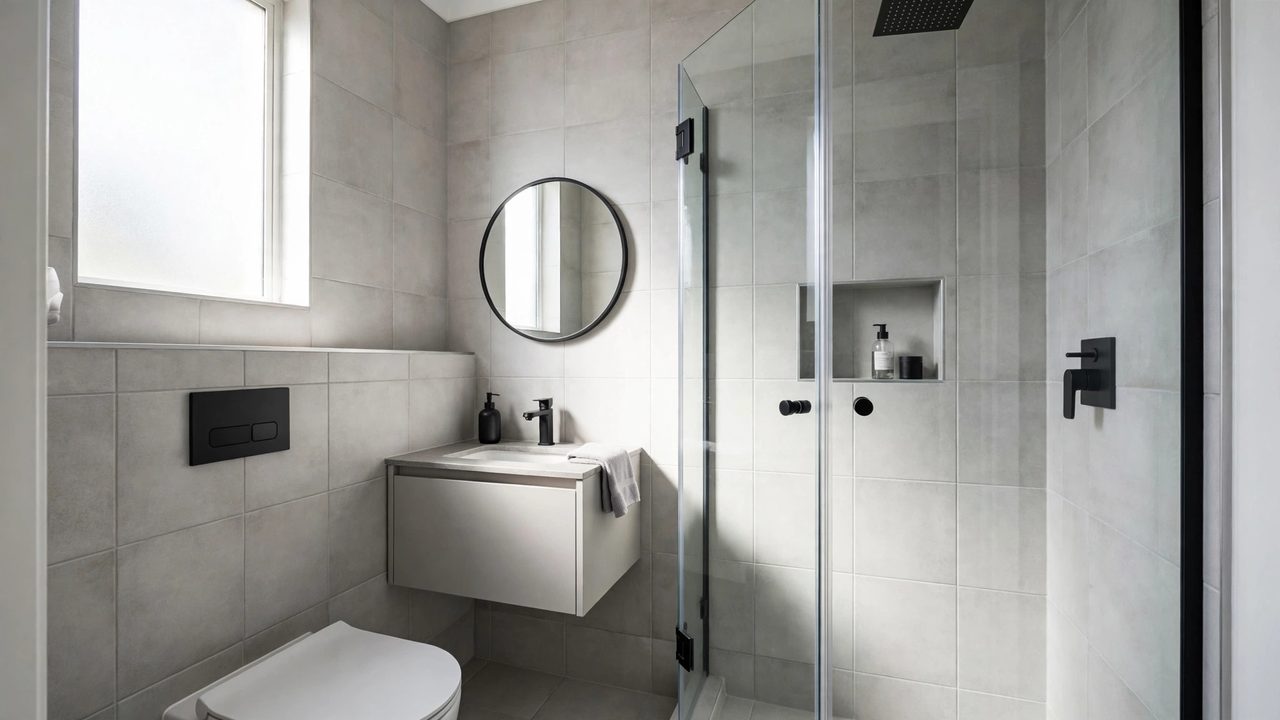 Small modern Australian ensuite with corner shower, wall-hung vanity and matte black tapware