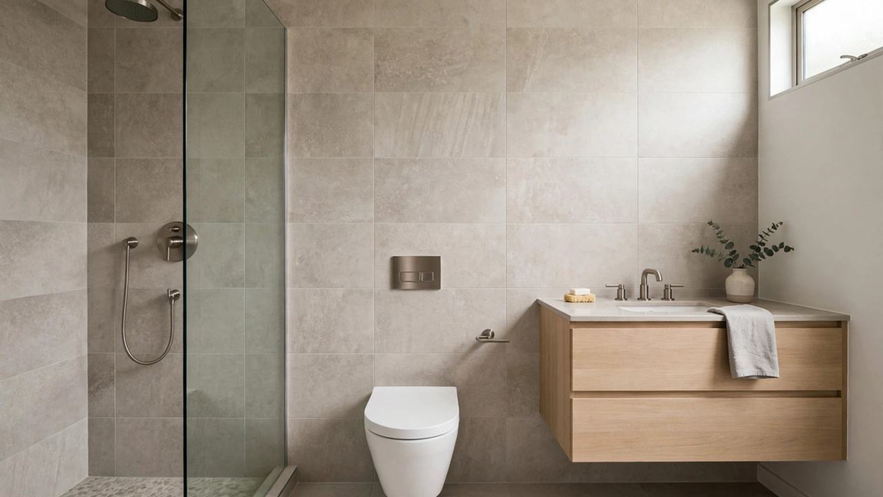 Ensuite with shower, toilet and vanity arranged in a row along one tiled wall