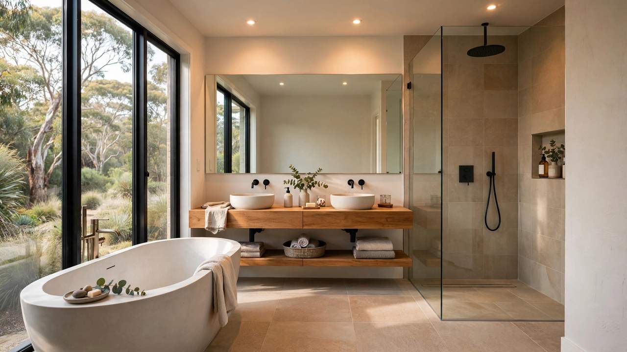 Spacious Australian master ensuite with freestanding bath, double vanity and walk-in shower