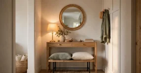 Stylish home entryway with console table, round mirror and bench seat