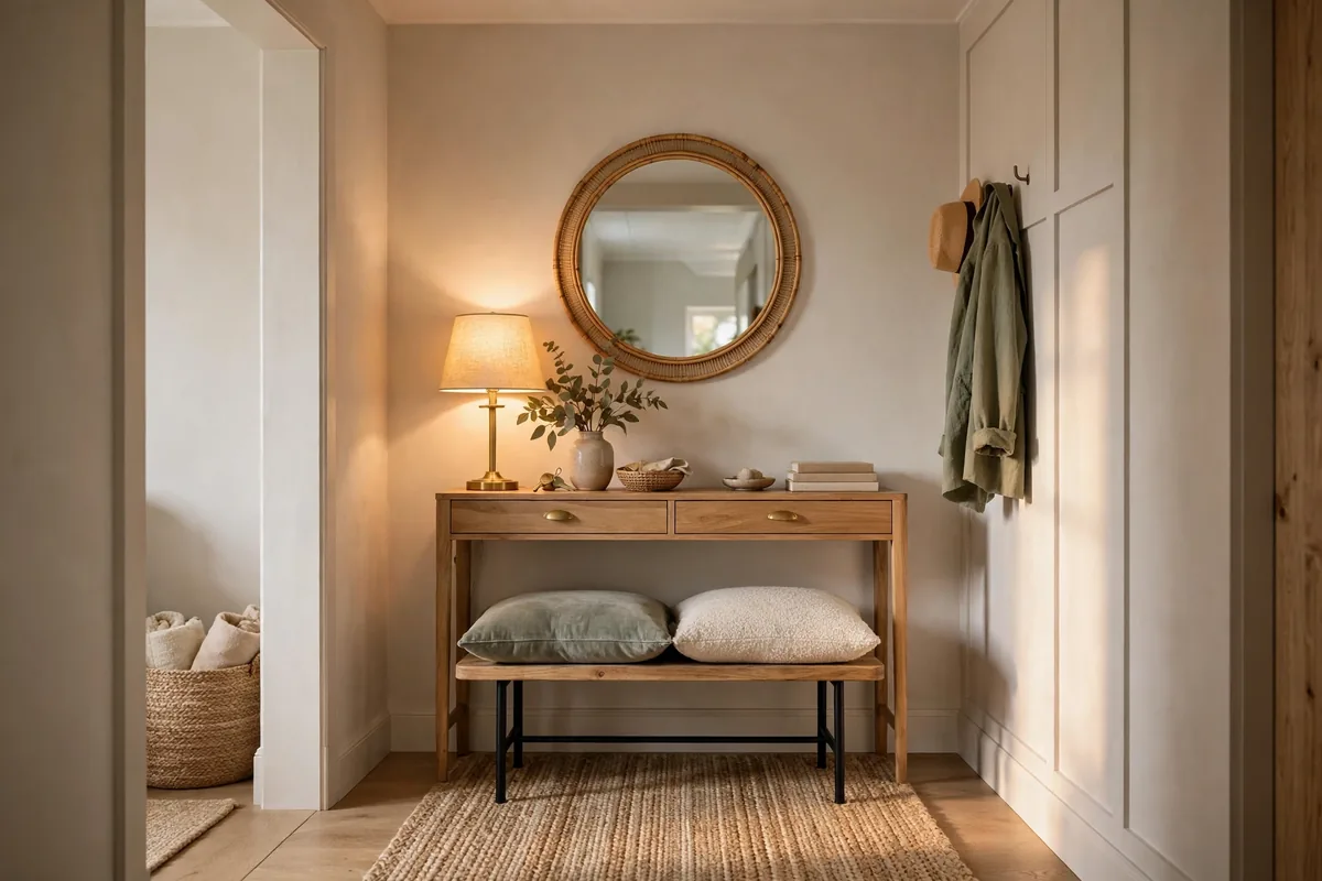 Stylish home entryway with console table, round mirror and bench seat