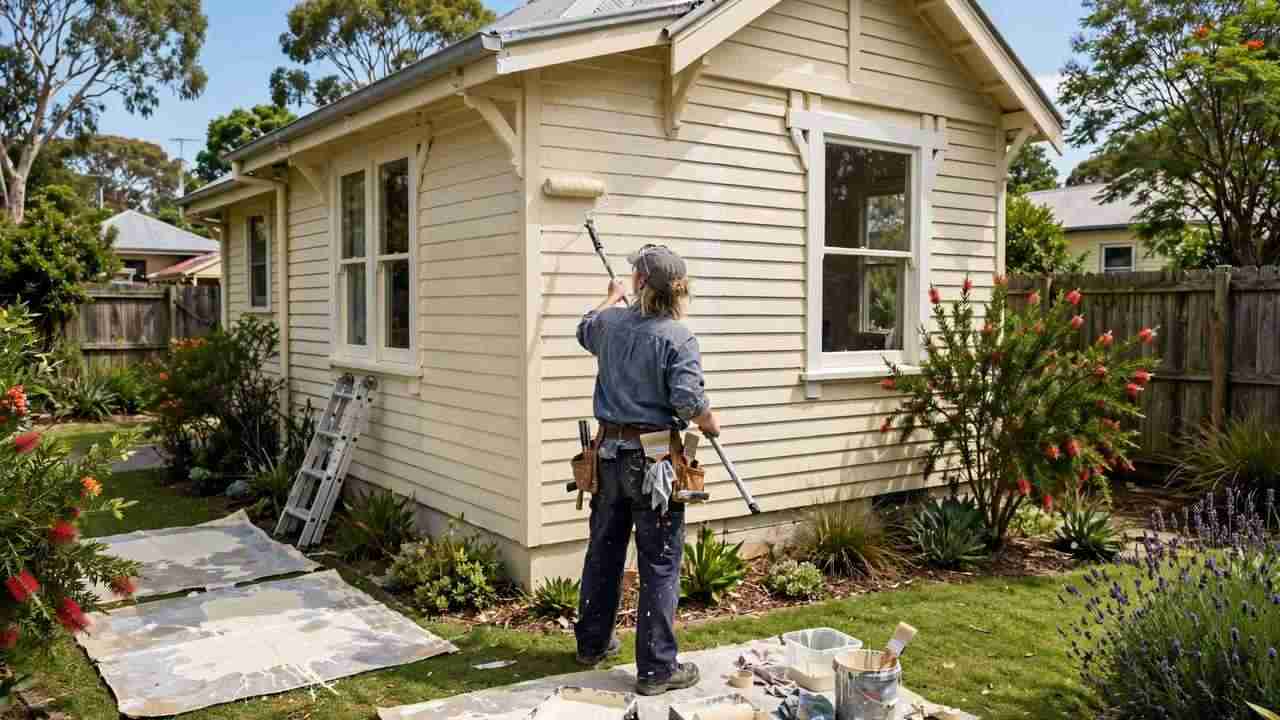 Professional painter painting a weatherboard house exterior in suburban Australia