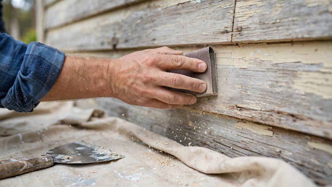 Painter sanding and preparing weatherboard cladding before painting