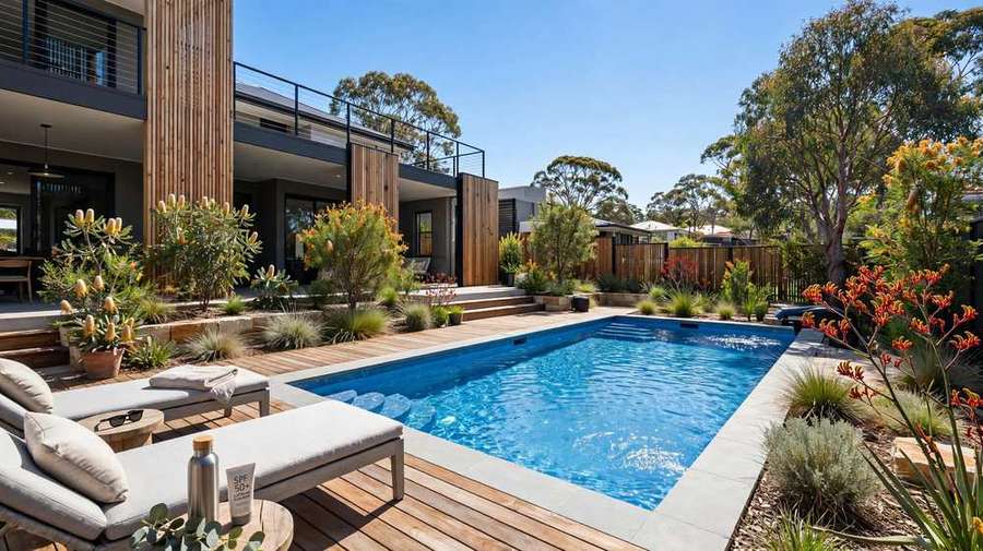 Modern swimming pool in an Australian backyard with timber deck