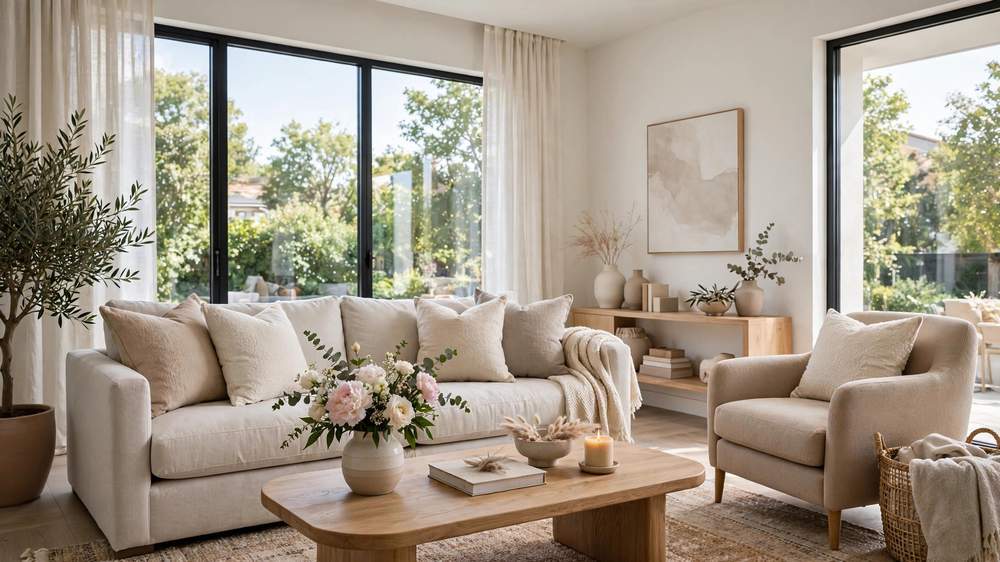 Professionally staged bright living room with neutral furniture