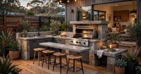Alfresco outdoor kitchen with BBQ on a timber deck