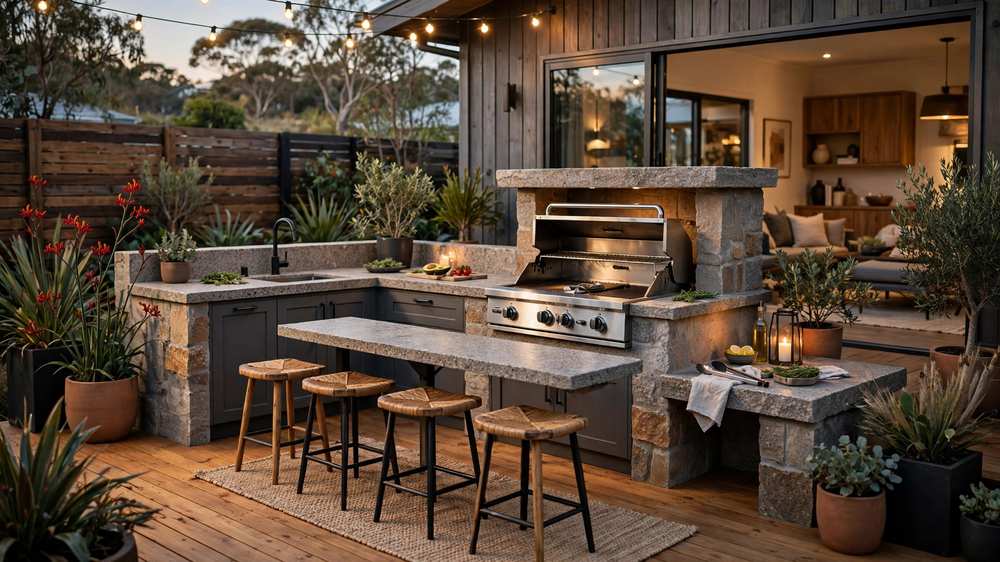 Alfresco outdoor kitchen with BBQ on a timber deck