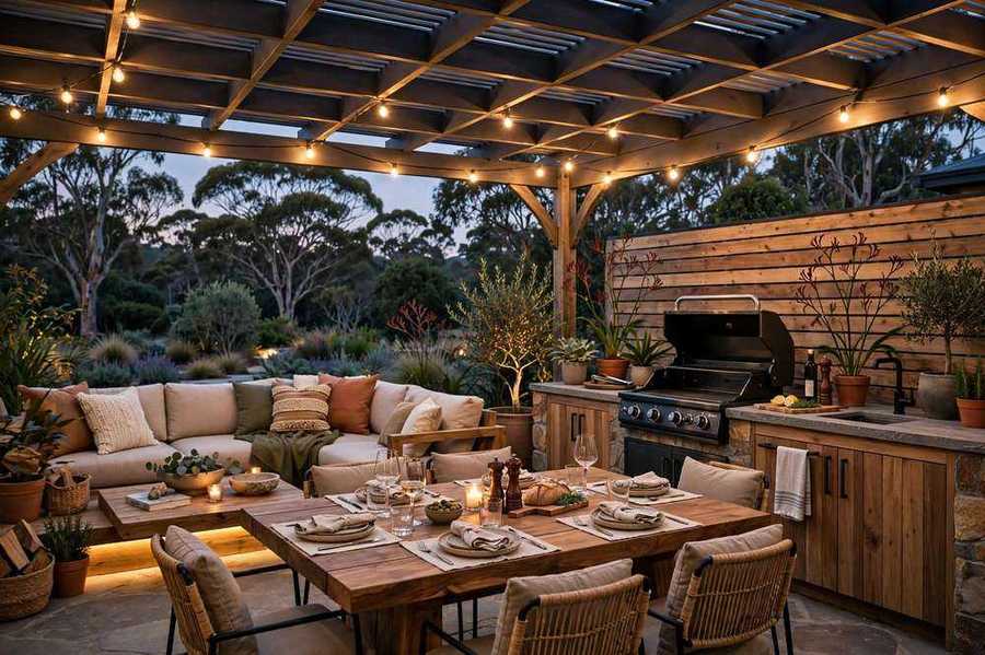 Australian alfresco outdoor area with kitchen and lounge seating at dusk