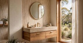 Modern bathroom with floating timber vanity and round mirror
