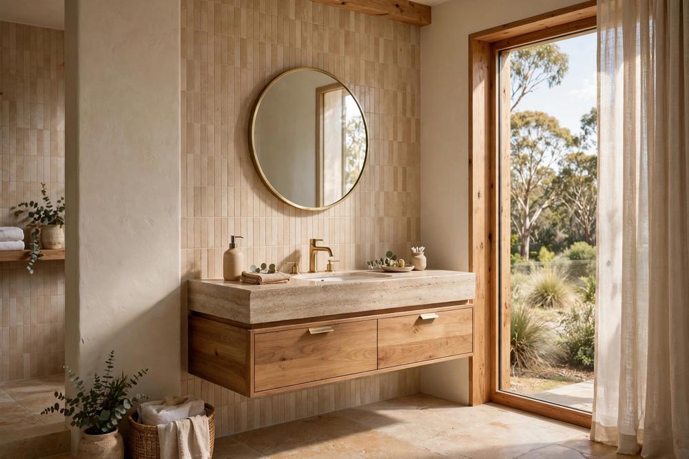 Modern bathroom with floating timber vanity and round mirror