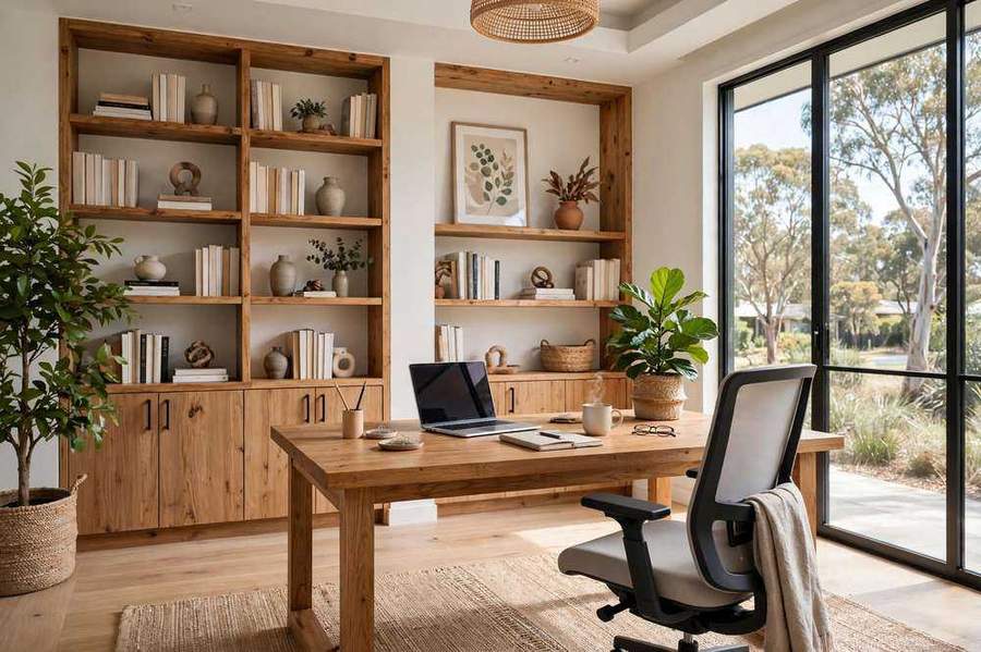 Modern Australian home office with timber desk and built-in shelves