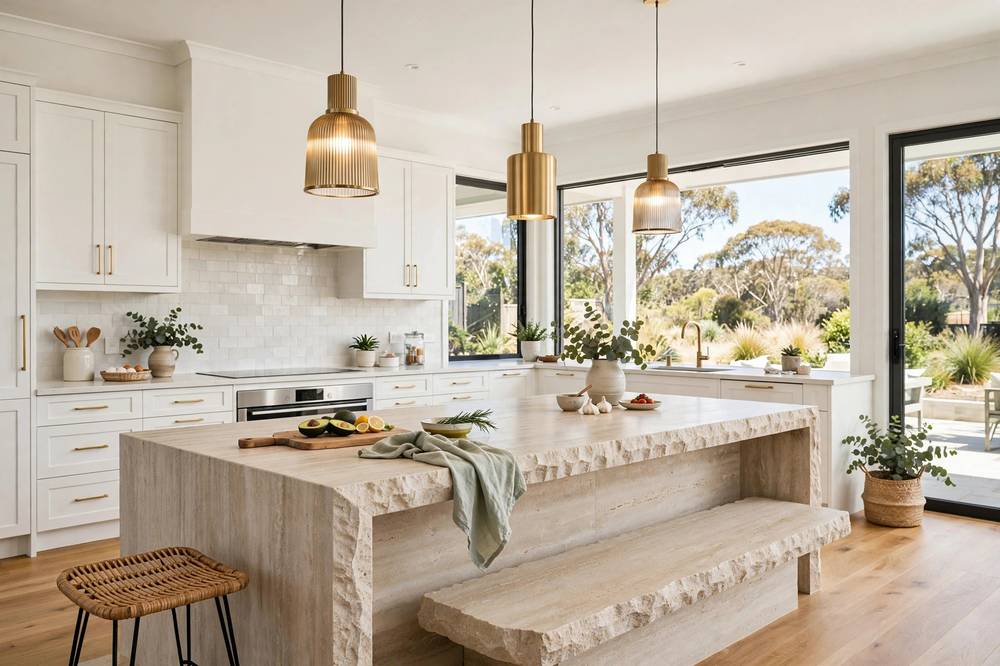 Modern Australian kitchen with stone island bench and pendant lights