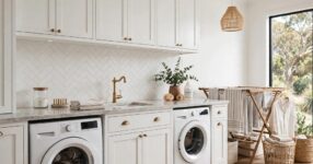 Modern Australian laundry with white shaker cabinetry