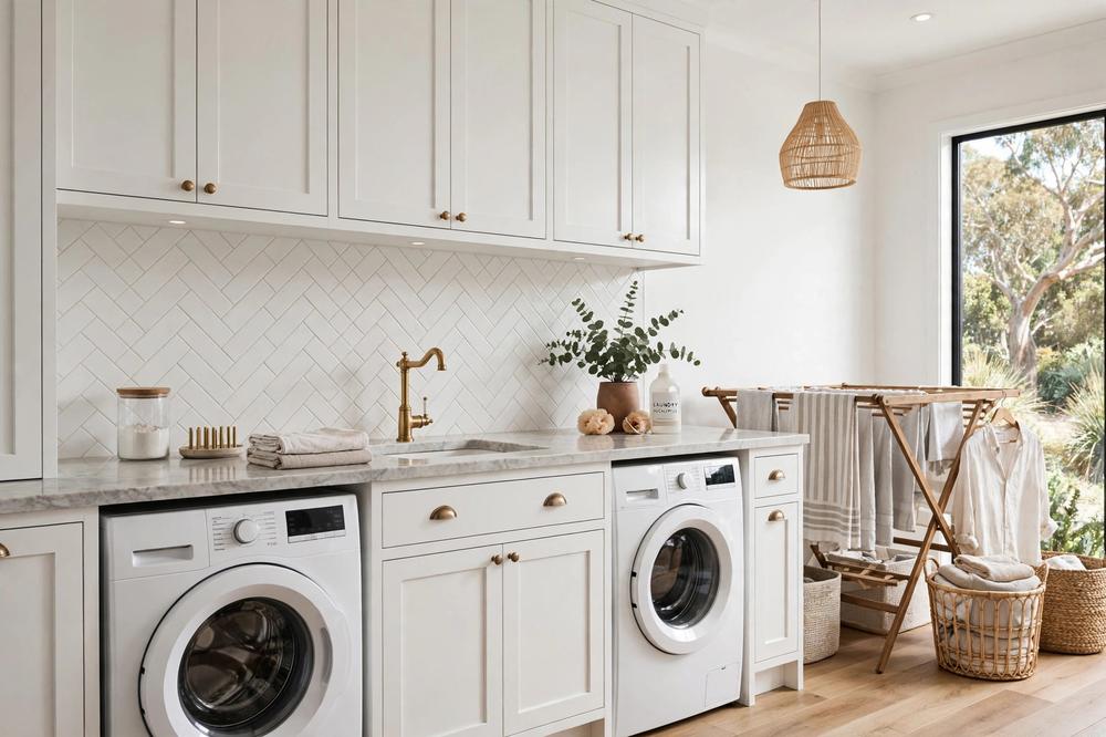 Modern Australian laundry with white shaker cabinetry