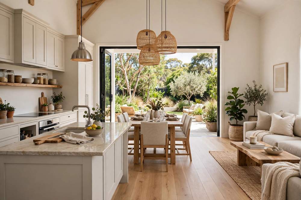 Bright open plan living space flowing to garden in Australian home